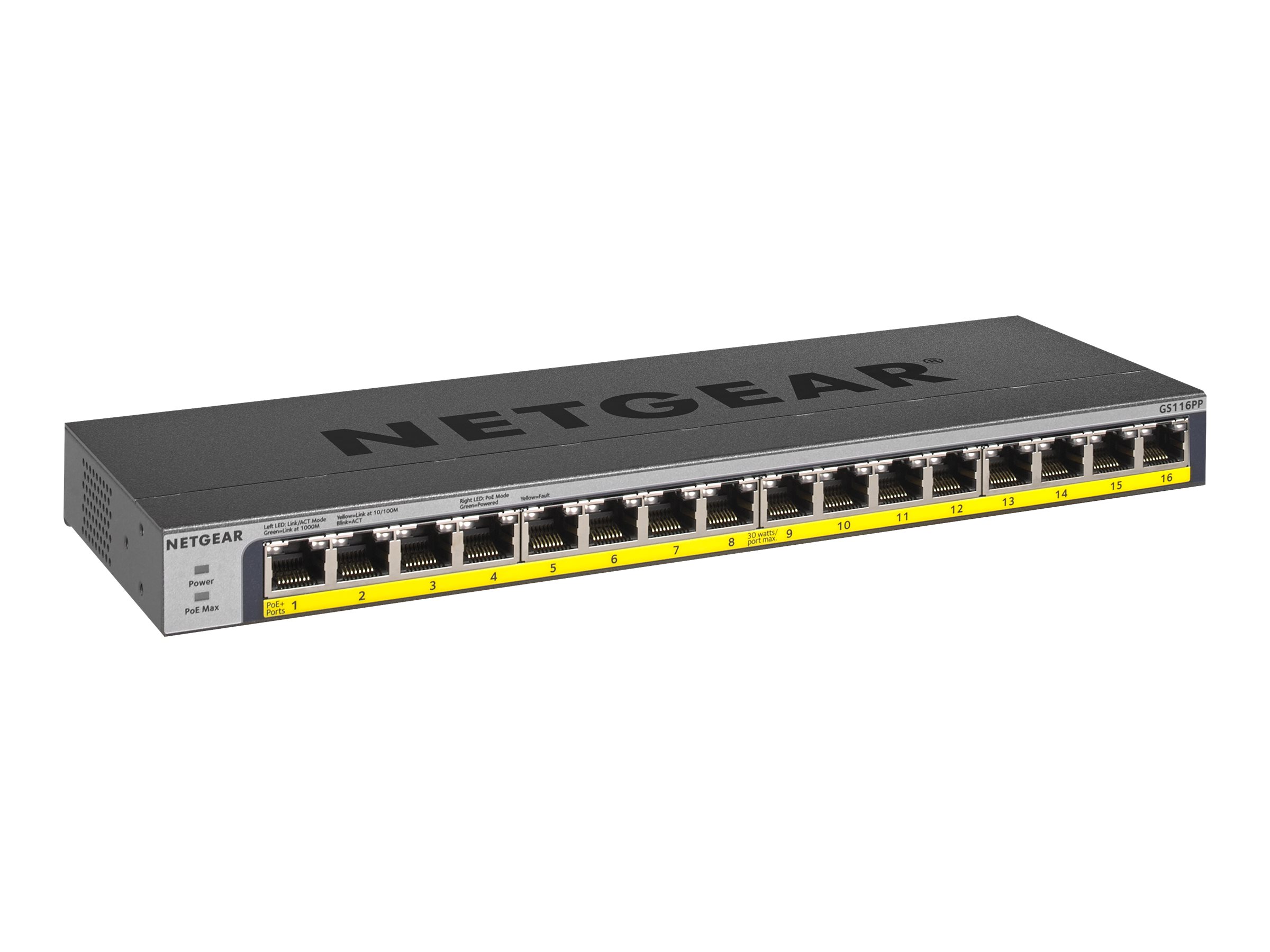 NETGEAR GS116PP - Switch - unmanaged - 16 x 10/100/1000 (PoE+) - Desktop, an Rack montierbar, wandmontierbar - PoE+ (183 W)